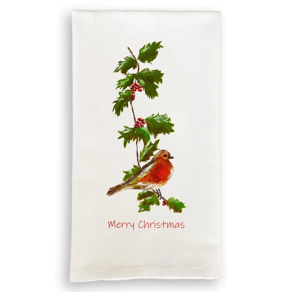 Holly and Bird with Merry Christmas Dish Towel