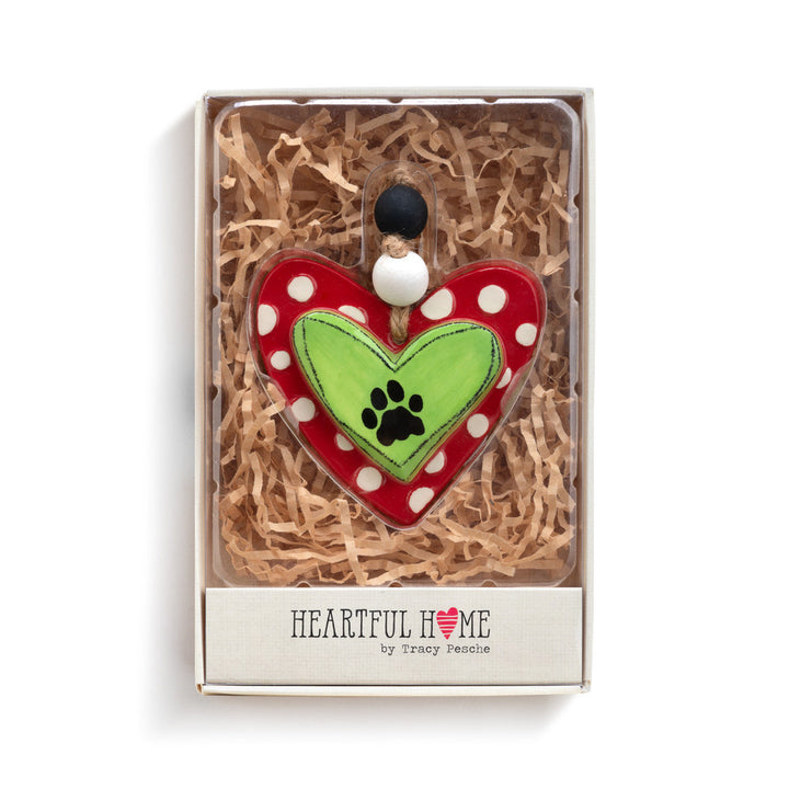 Paw Print Heart Ornament - Green & Red