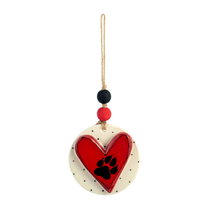 Paw Print Heart Ornament - Red & White