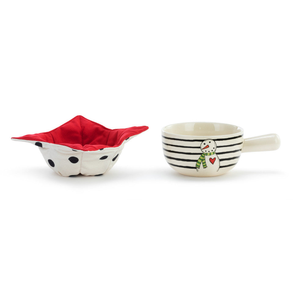 Snowman and Stripes Soup Crock and Bowl Cozy