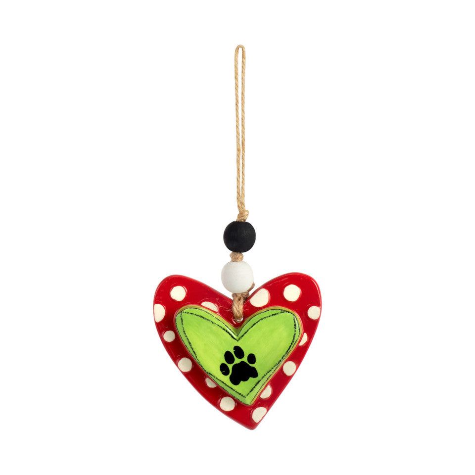 Paw Print Heart Ornament - Green & Red