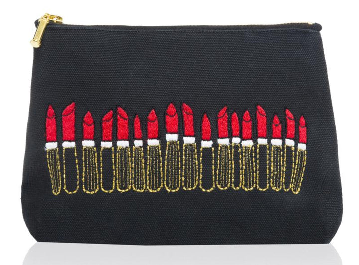 Embroidered Lipsticks Black  Make Up Bag